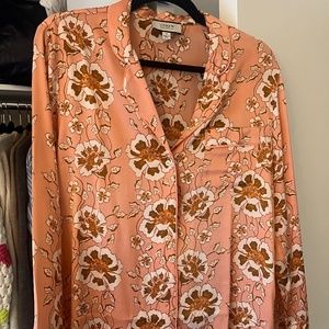Pajama style button down floral 100% silk shirt